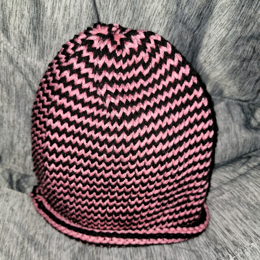 Pink and black short knitted beanie